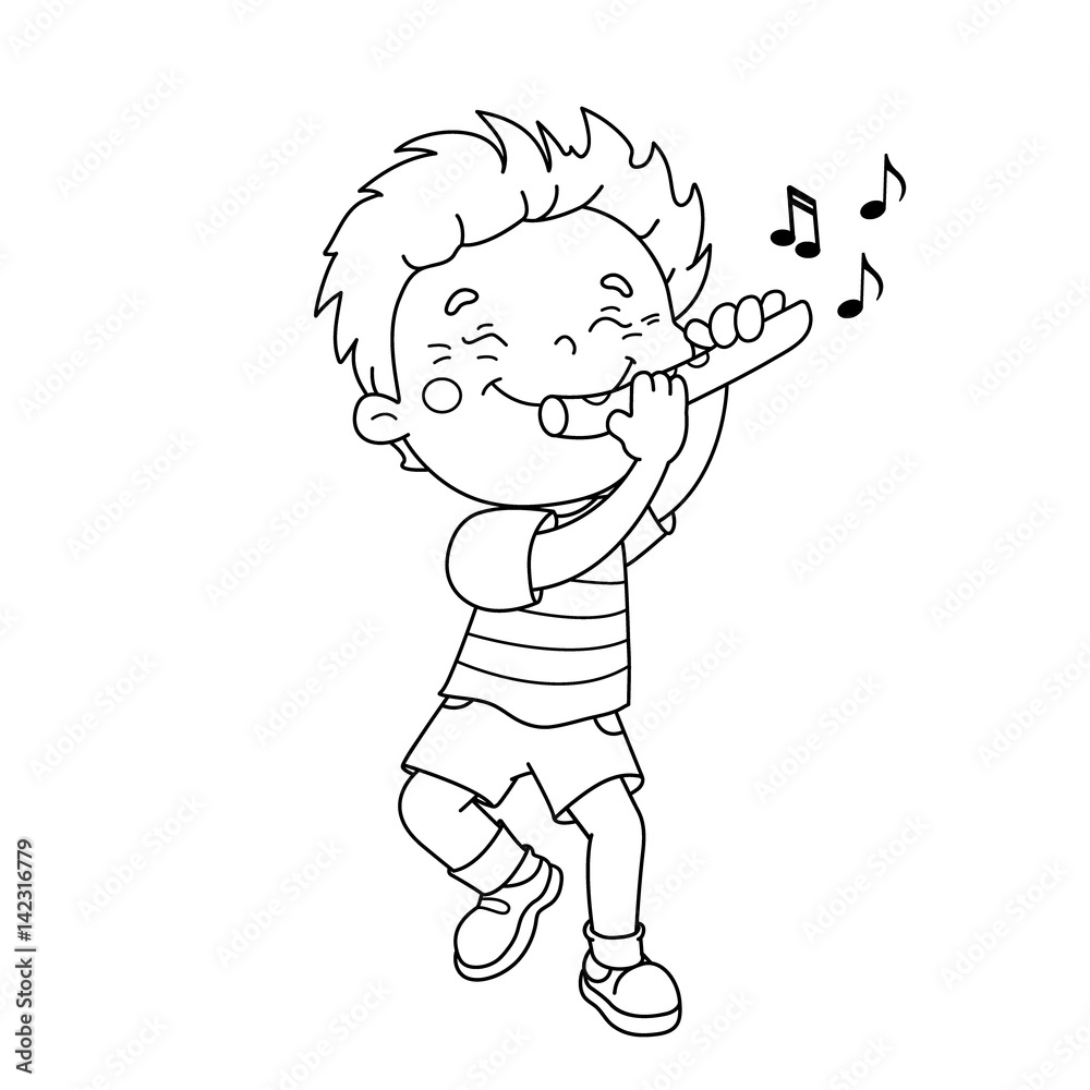 Coloring page outline of cartoon boy playing the flute musical instruments coloring book for kids vector