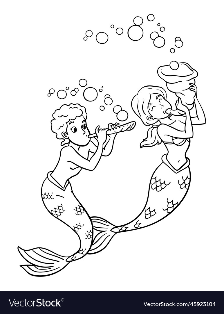 Mermaid playing flute isolated coloring page vector image