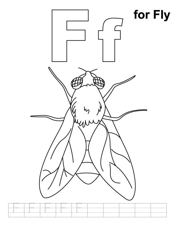 F for fly coloring page with handwriting practice download free