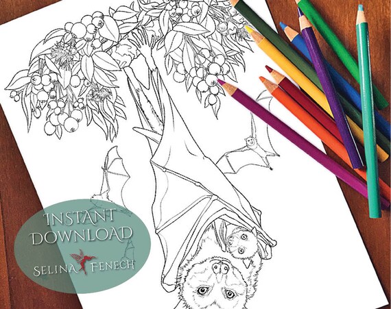 Flying fox australian animals and wildflowers coloring pagedigi stamp fantasy printable download by selina fenech