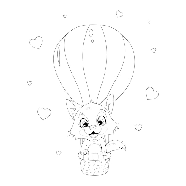 Premium vector coloring page cute cartoon fox is flying in a hot air balloon