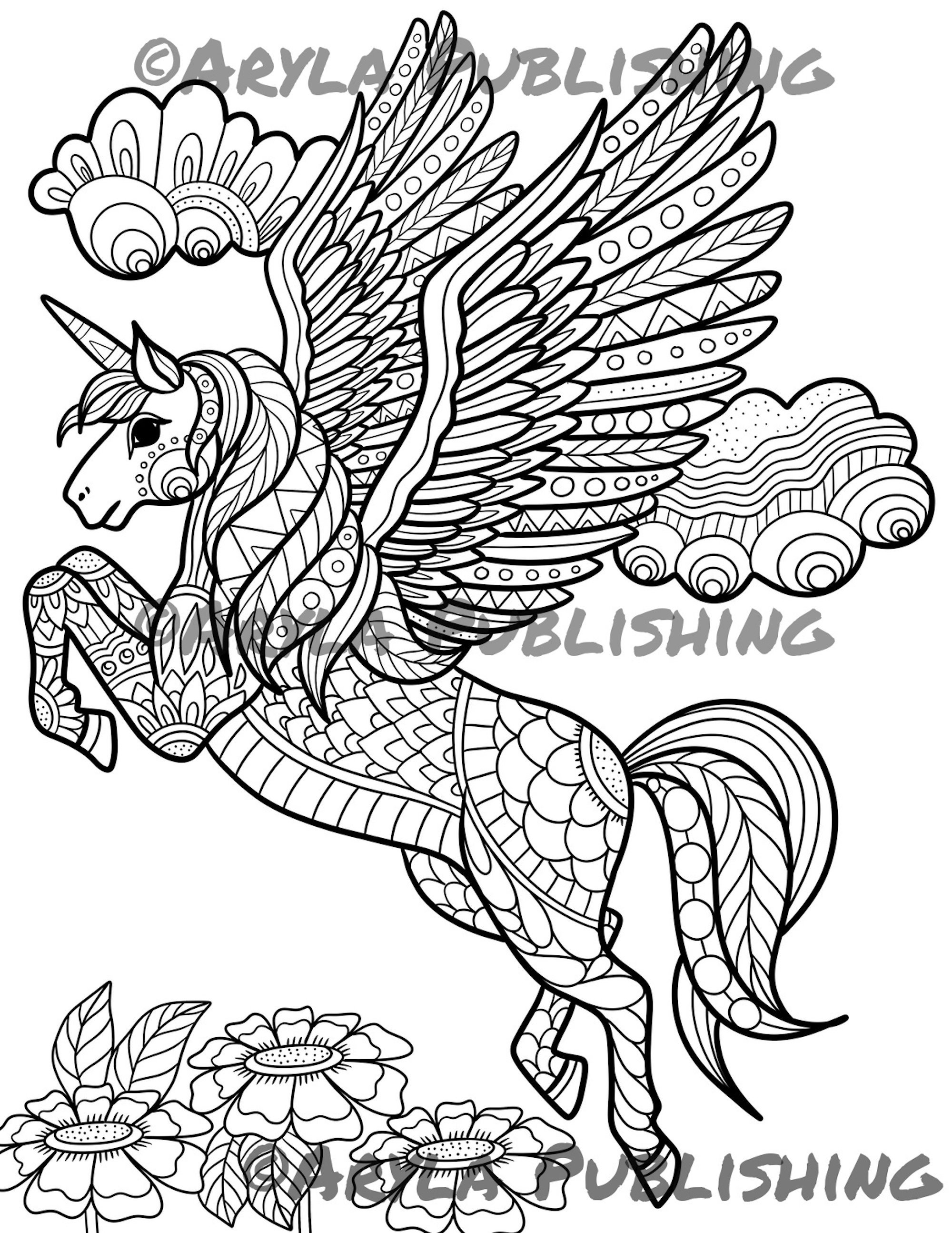 Flying unicorn mythical creature coloring page printable colouring page adult color sheet instant download