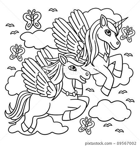 Flying unicorns coloring page for kids