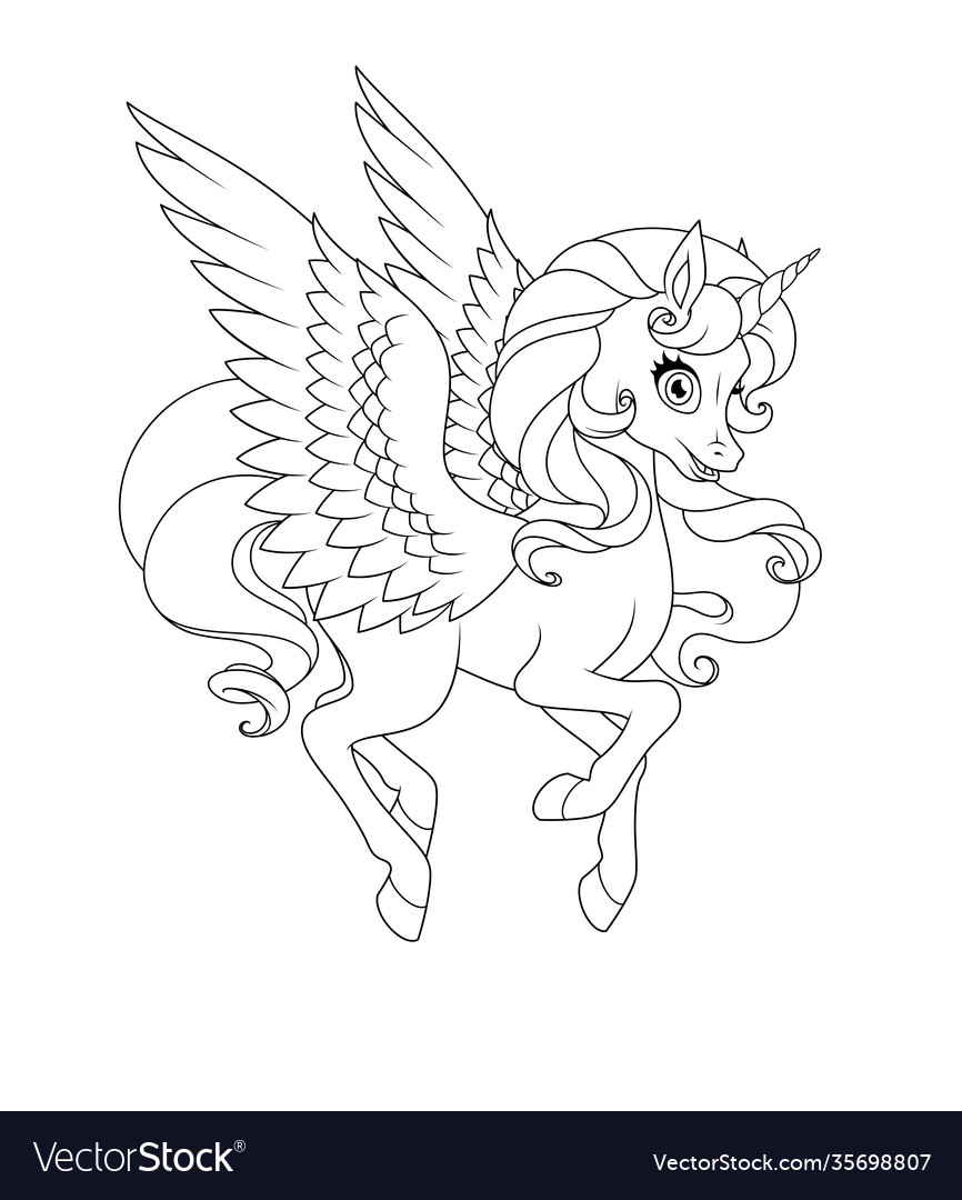 Beautiful flying winged unicorn coloring vector image