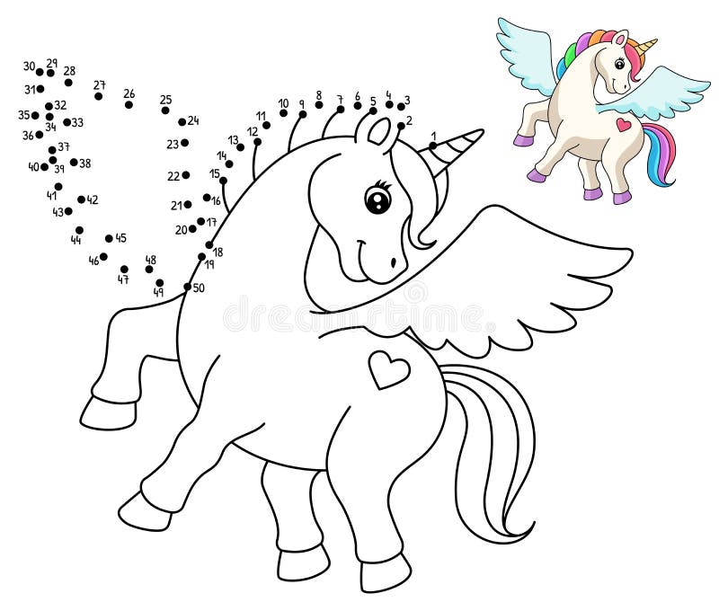 Dot to dot flying unicorn isolated coloring page stock vector