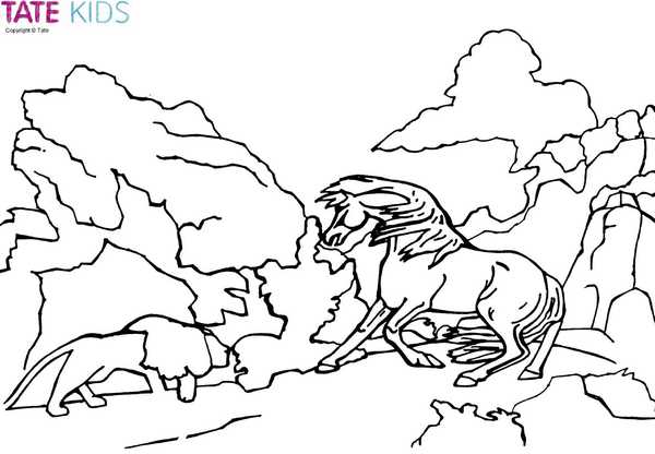 Colour in horse frightened by a lion kids