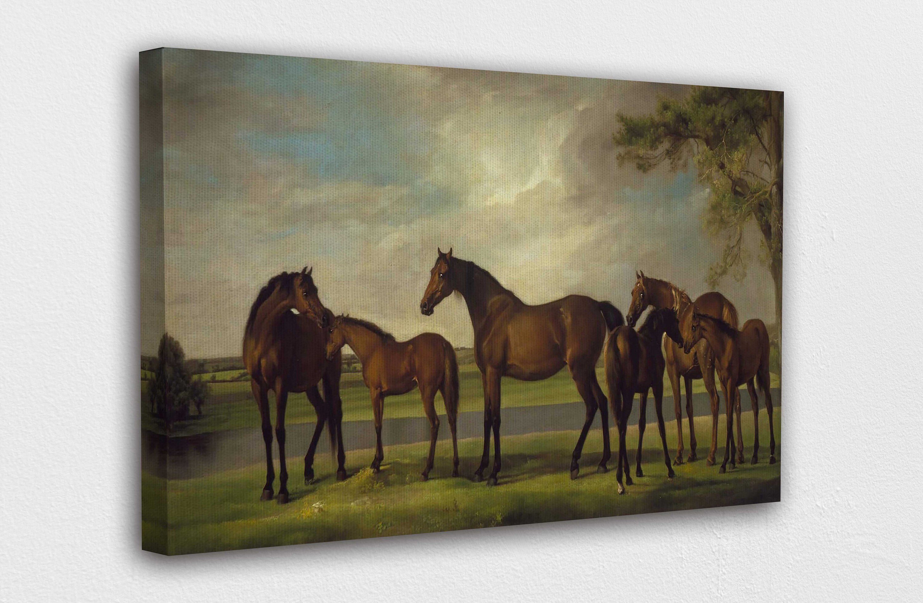 Mares and foals in a river by stubbs canvas wall art design poster print decor for home office decoration poster or canvas ready to hang