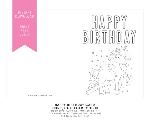 Printable happy birthday card unicorn instant download diy coloring page print and color download now