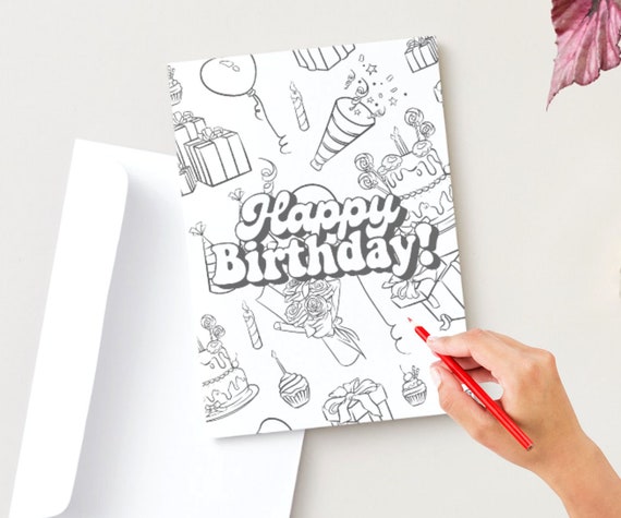 Happy birthday printable folding coloring card bonus coloring page instant download