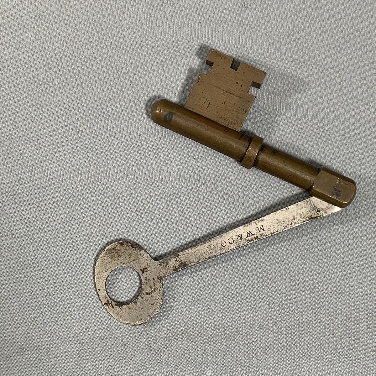 Antique folding skeleton key mw co brass steel