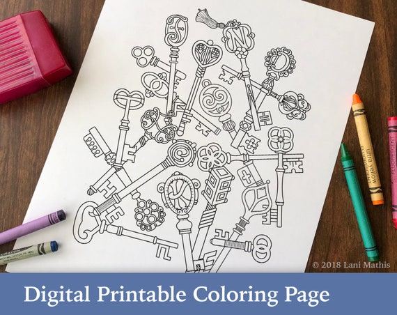 Coloring page digital download skeleton keys secret message vintage keys download now