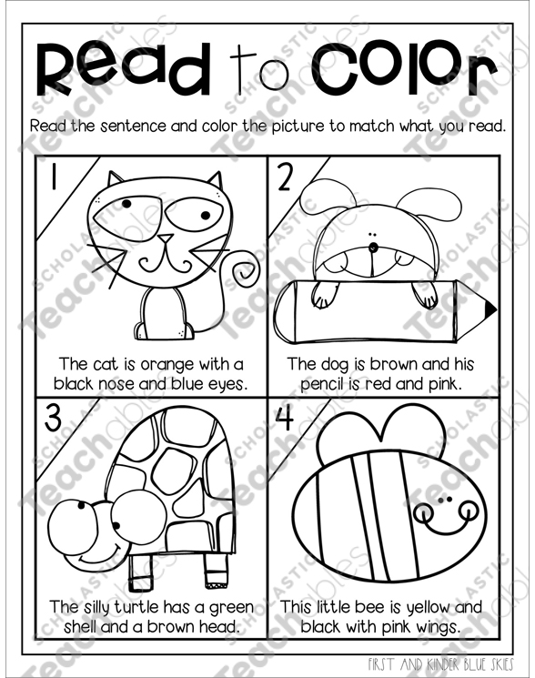 Read to color following directions printable skills sheets