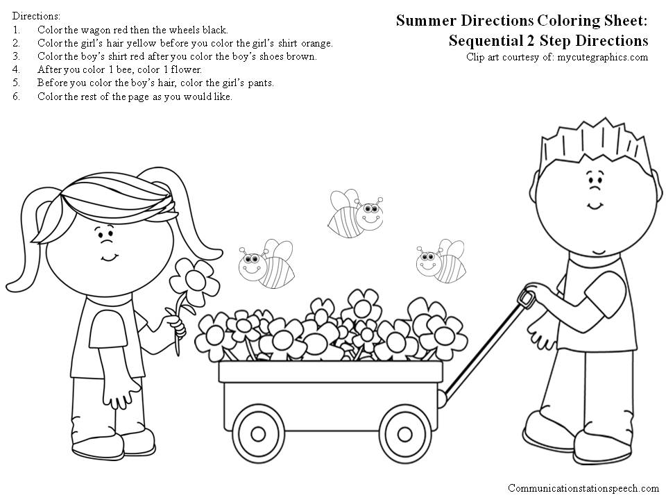 Summer directions coloring sheet