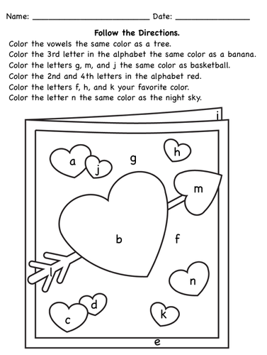 Valentines following directions coloring worksheets teaching resources