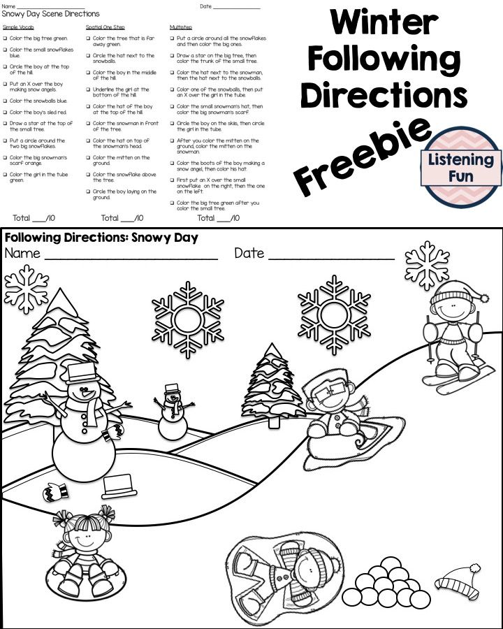 Winter following directions coloring printable following directions color worksheets worksheet template