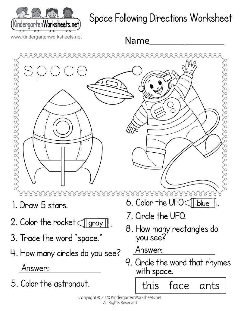 Space following directions worksheet