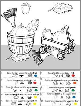 Following directions a coloring page with position words and fall items position words following directions teaching themes