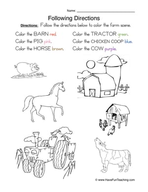 Following directions coloring worksheet