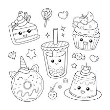 Premium vector set of cute sweet food dessert icons kawaii style colorg page colorg pages cute colorg pages cute easy drawgs