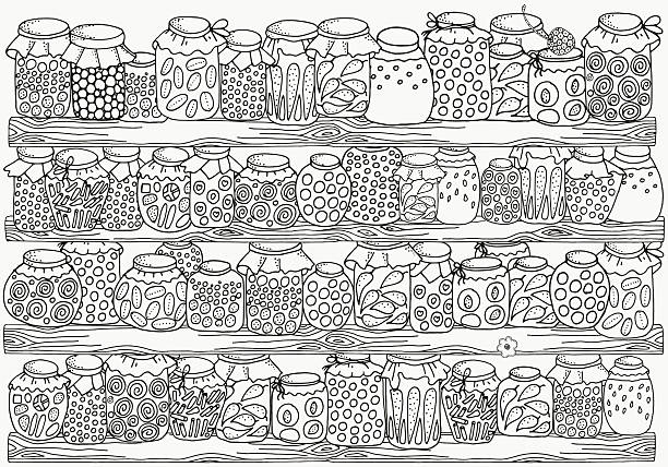 Pattern for coloring book set of glass jars canning stock illustration