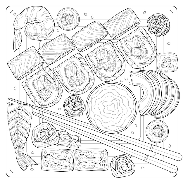 Premium vector sushi setfoodcoloring book antistress for children and adults illustration isolated on white backgroundblack and white drawing