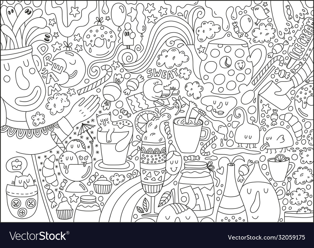 Big coloring page for children and adult with food