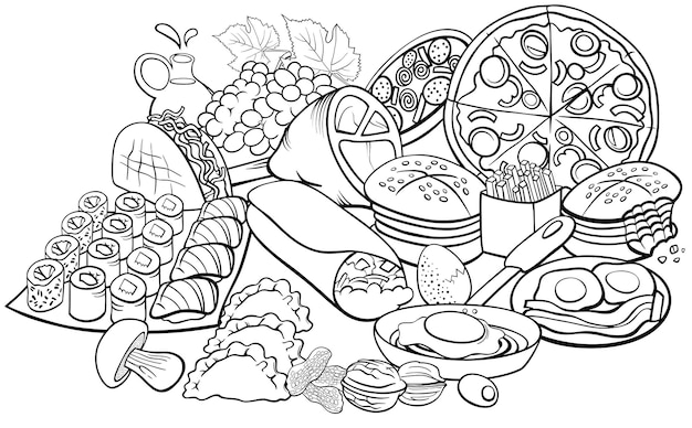 Premium vector food objects and dishes group cartoon coloring page