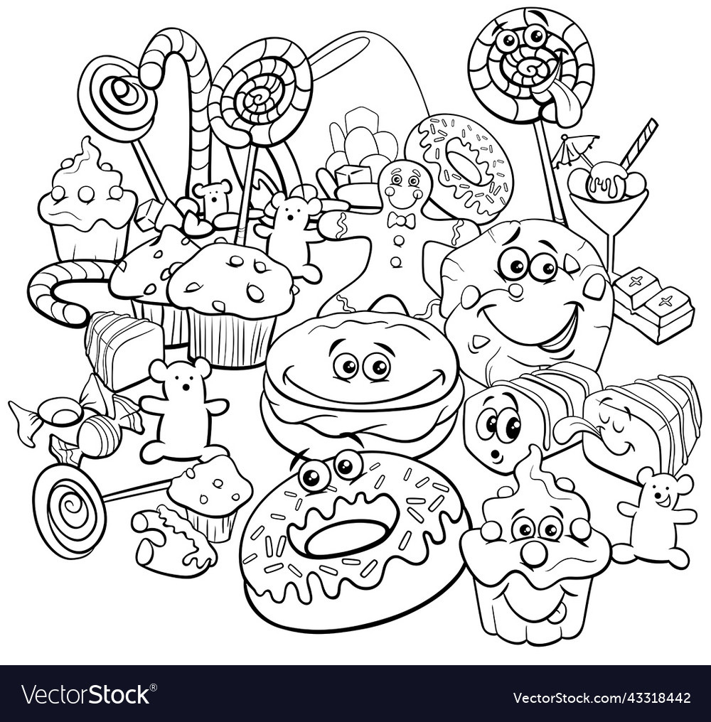 Cartoon sweet food objects group coloring page vector image