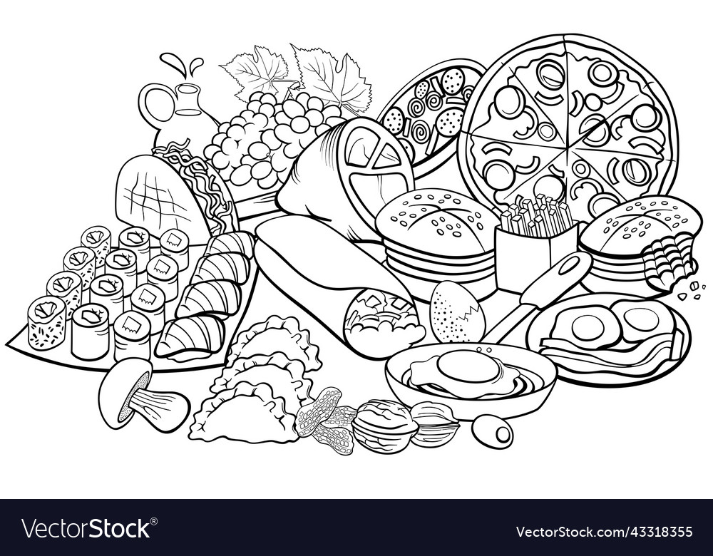 Food objects and dishes group cartoon coloring vector image