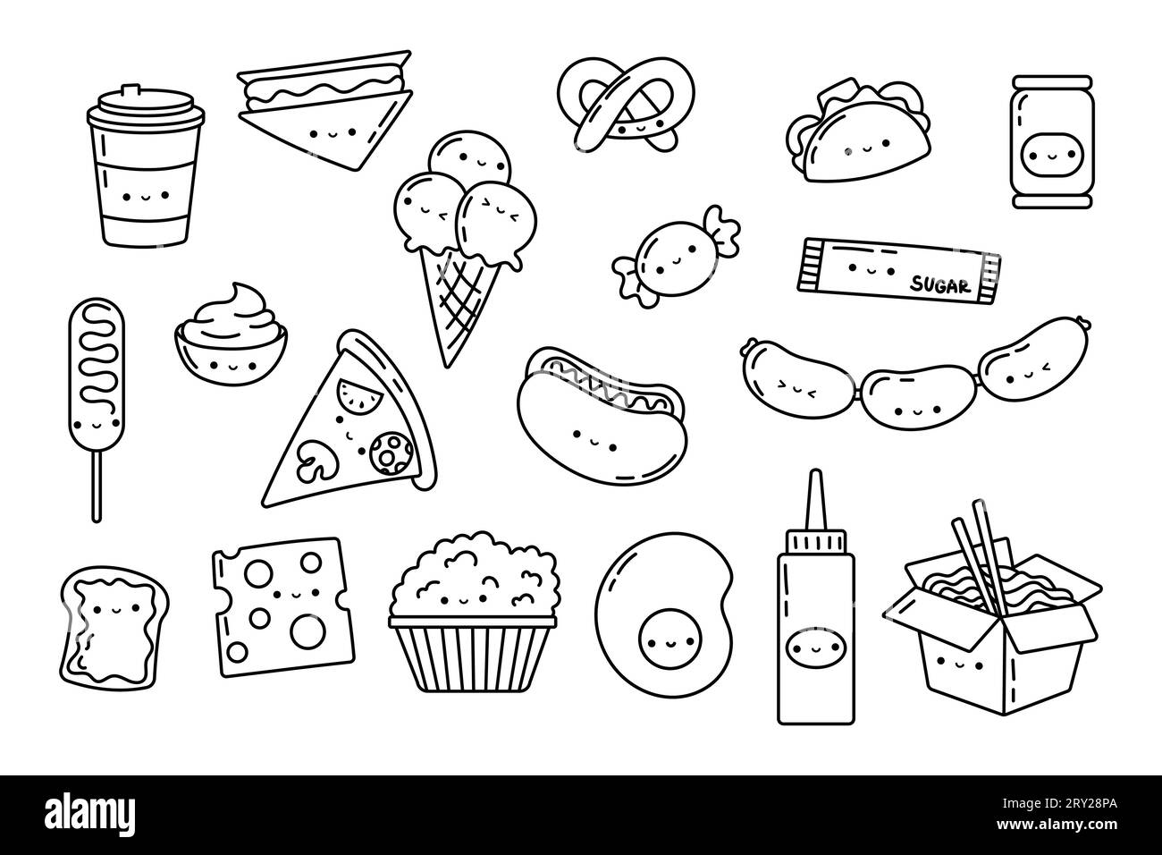 Set kawaii sticker fast food coloring page collection cute kawaii fast food illustrations outline stock vector image art