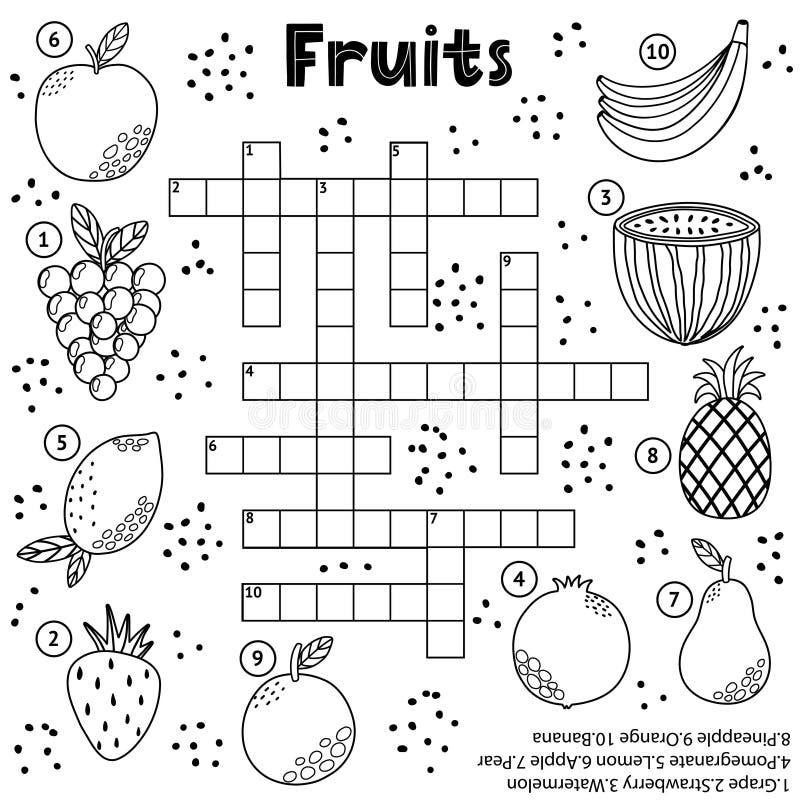 Black and white crossword puzzle game with fruits for kids stock vector