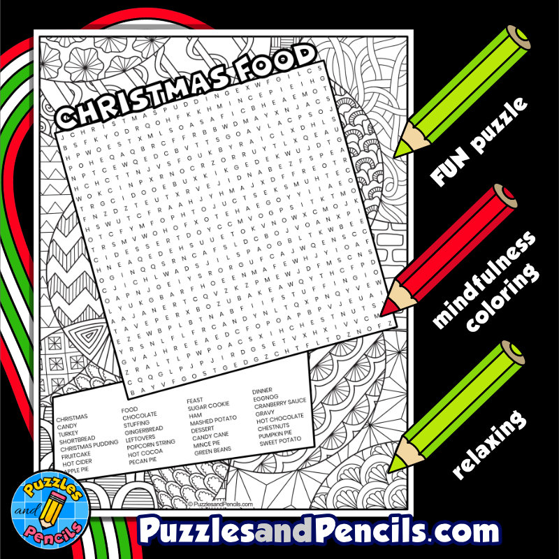 Christmas food word search puzzle activity page with coloring wordsearch made by teachers