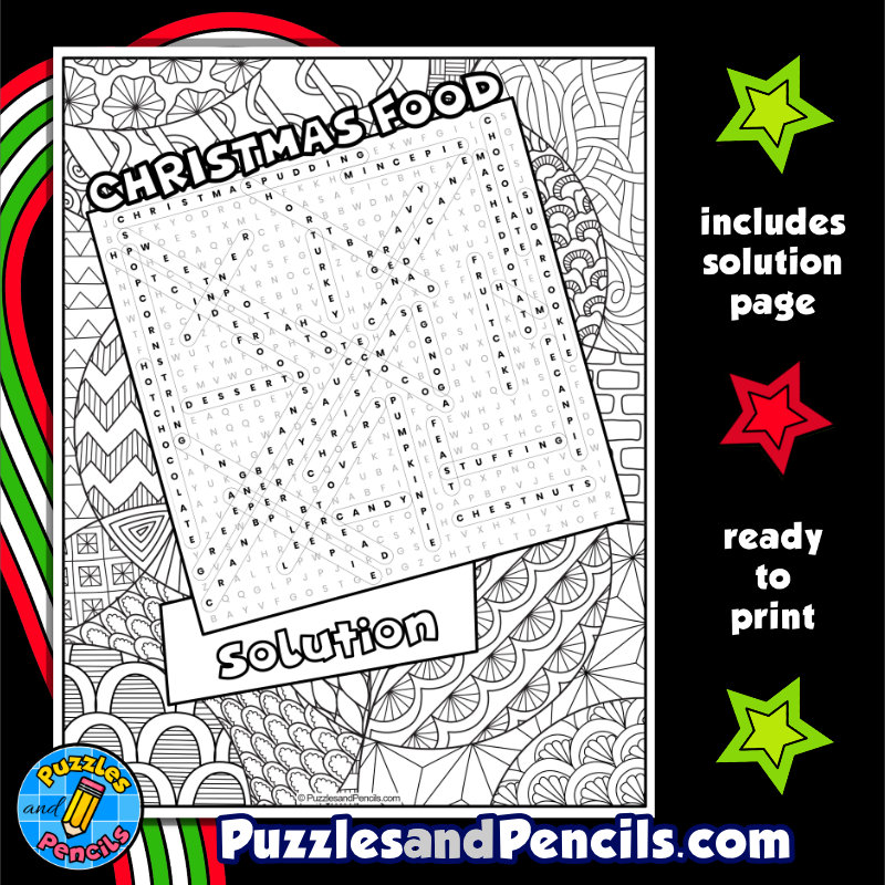 Christmas food word search puzzle activity page with coloring wordsearch made by teachers