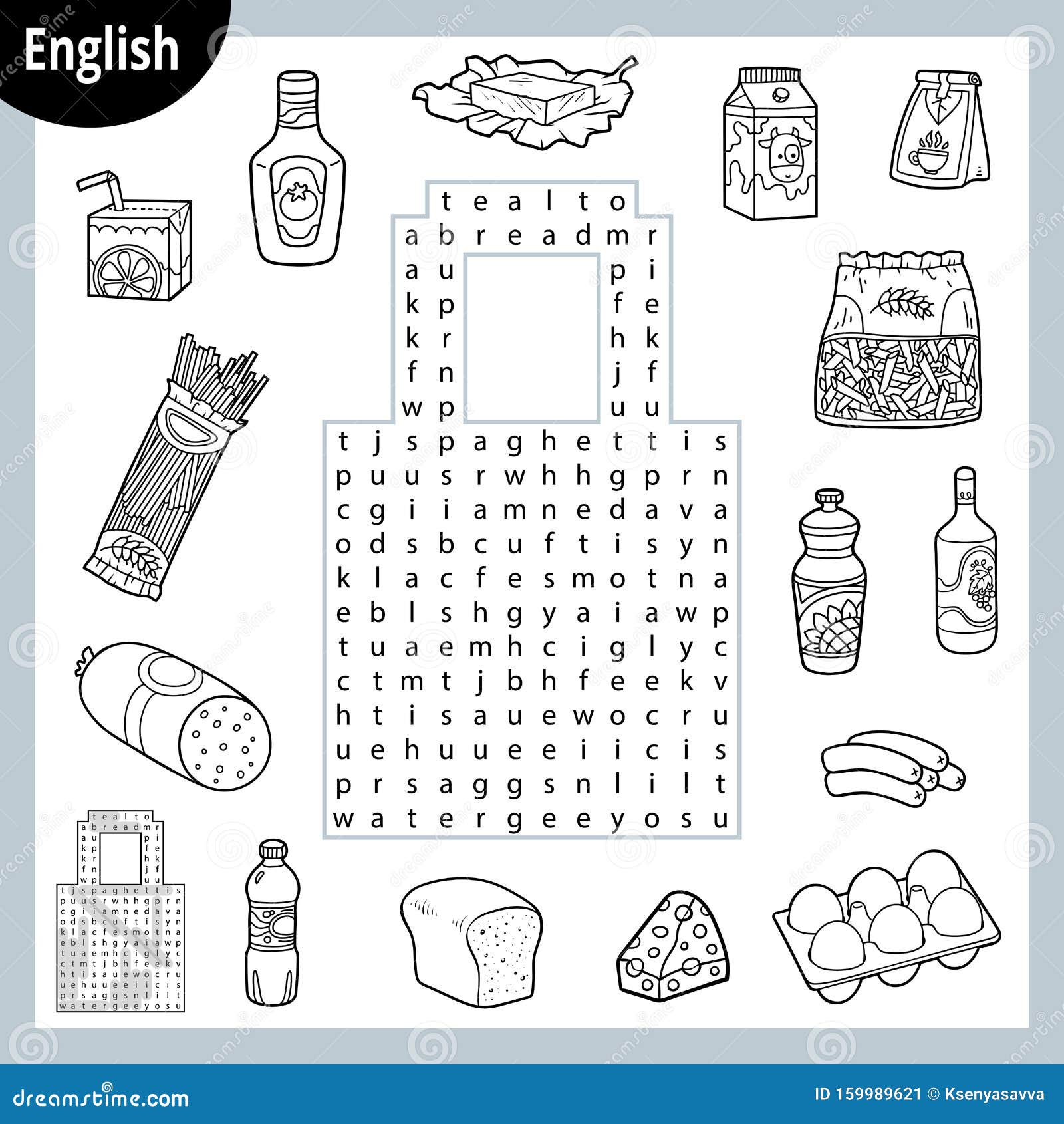 Word search puzzle cartoon set of food groceries education game for children stock vector