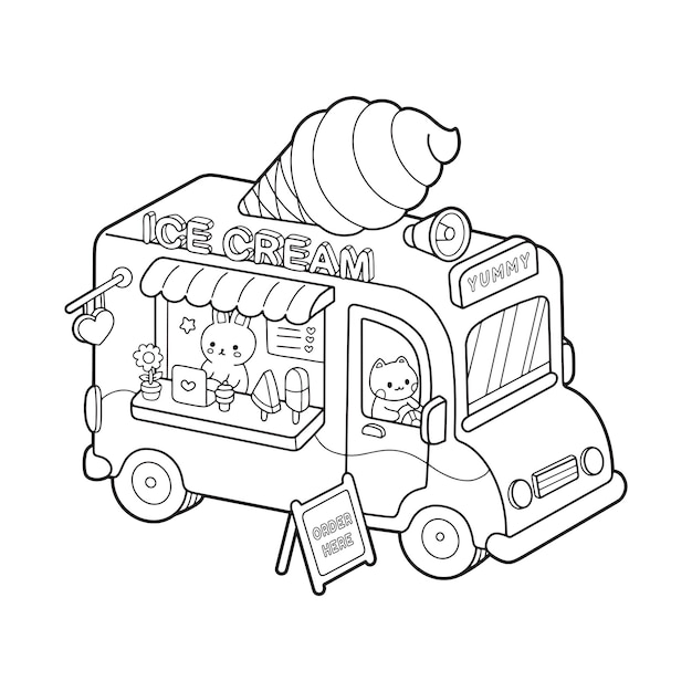 Premium vector cute kawaii food truck ice cream coloring page