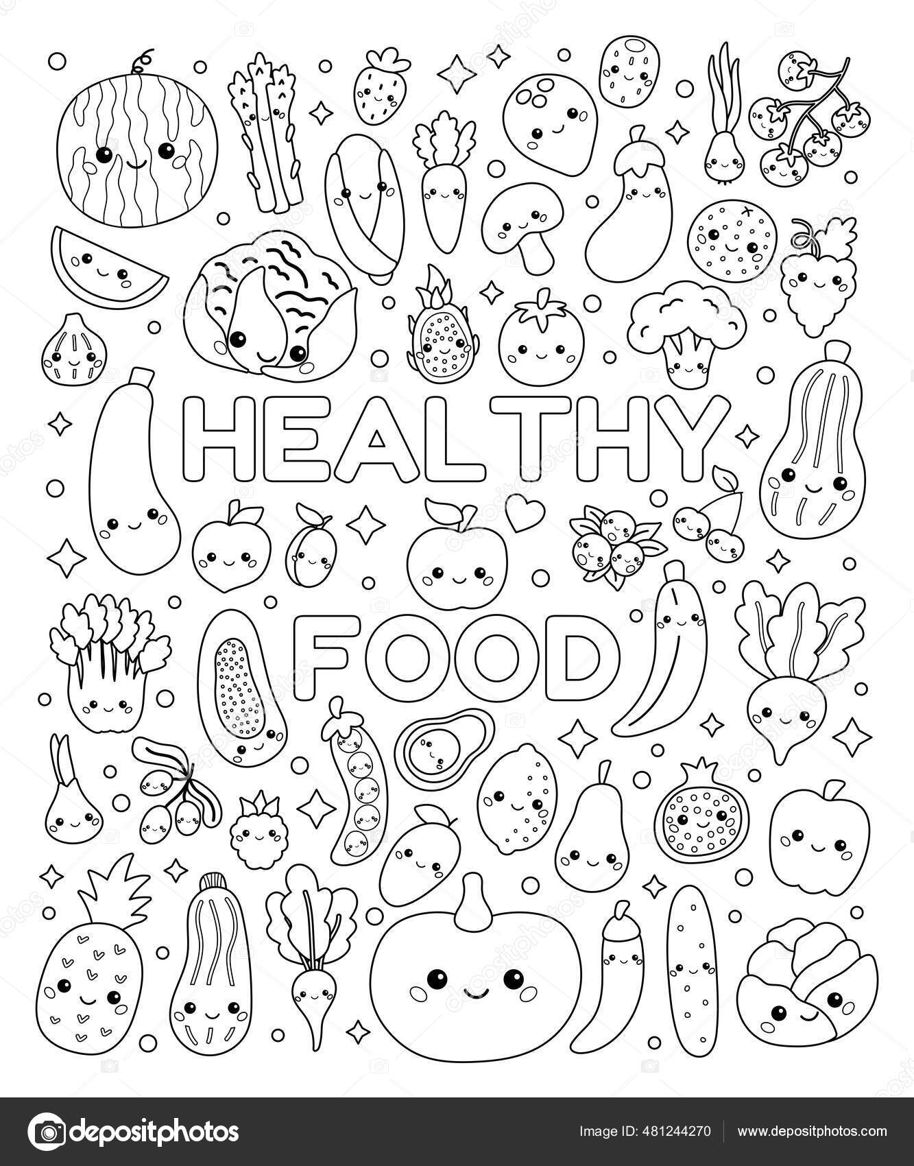 Doodle coloring page with cute vegetables and fruits set of healthy food with funny faces kawaii cartoon characters black and white outline vector illustration â stockvektor kristina