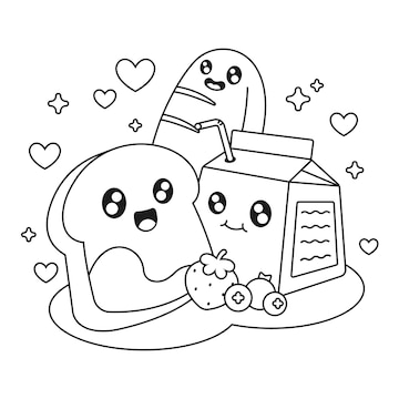 Free vector hand drawn kawaii coloring book with food