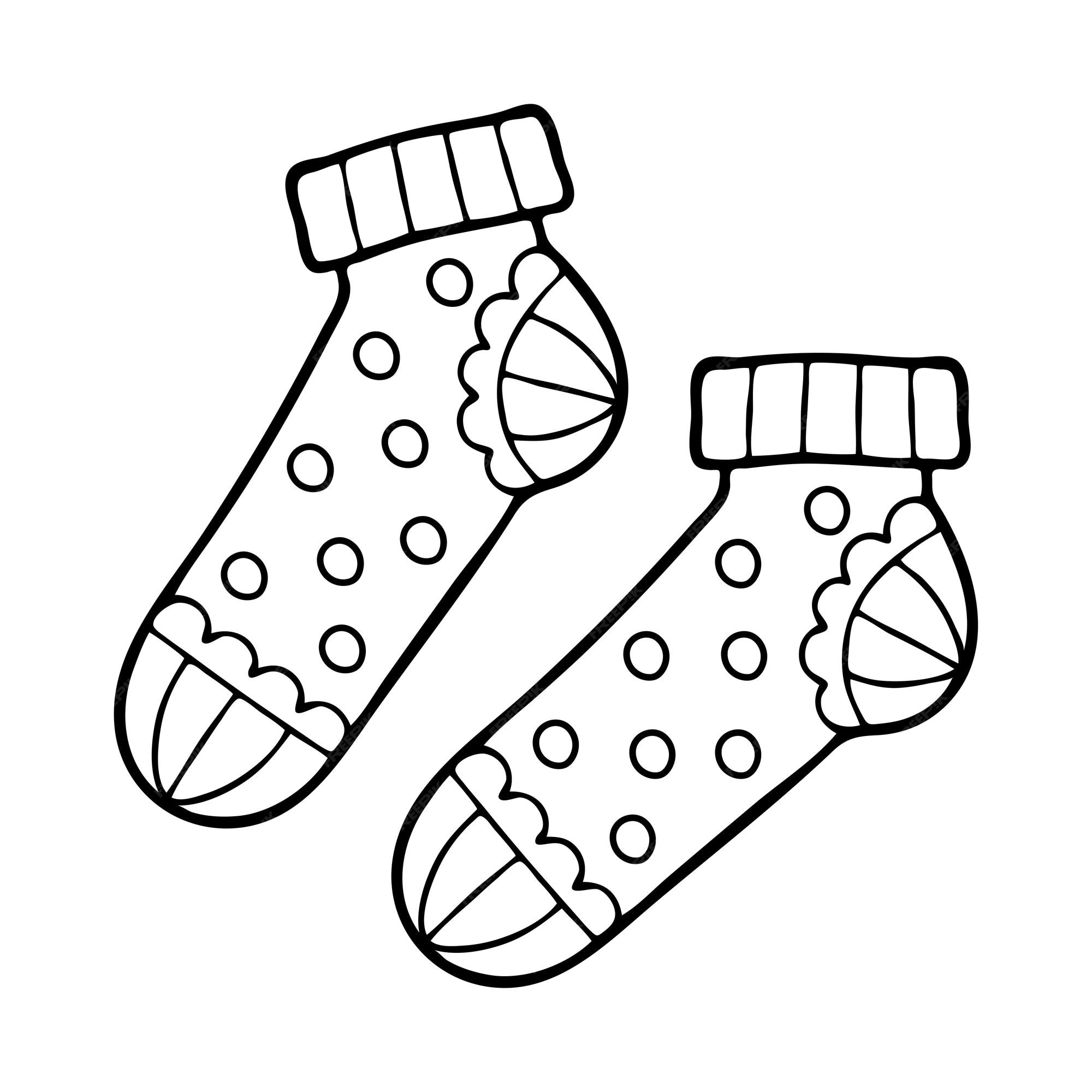 Premium vector pair of warm socks coloring page clothes of the feet decorated with patterns wardrobe item hand drawn vector line art illustration coloring book for children black and white sketch