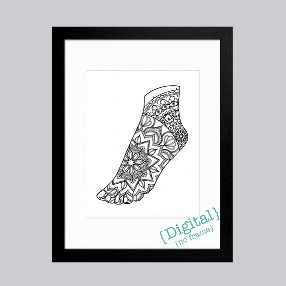 Print color frame this black and white hand drawn foot mandala printable wall art instant digital downloadable adult coloring pages body