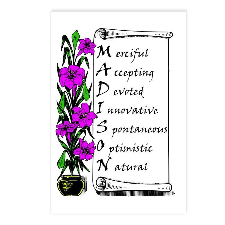 Madison acrostic poem scroll and purple flowers