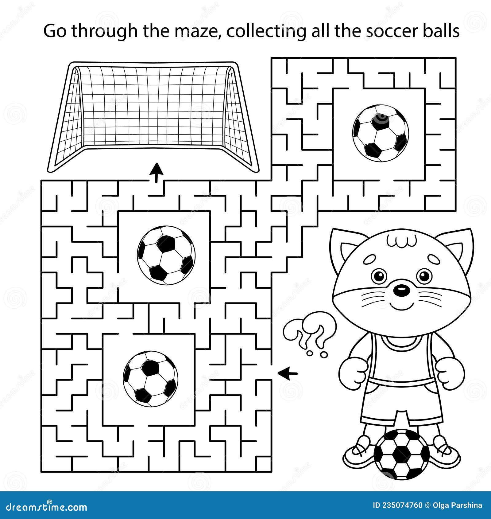 Maze or labyrinth game puzzle coloring page outline of cartoon cat with soccer ball football sport activity stock vector