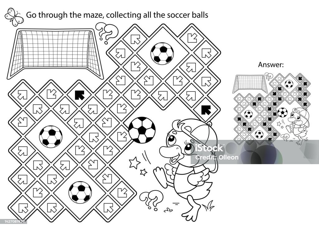 Maze or labyrinth game puzzle coloring page outline of cartoon duck or duckling with soccer ball football sport coloring book for kids stock illustration