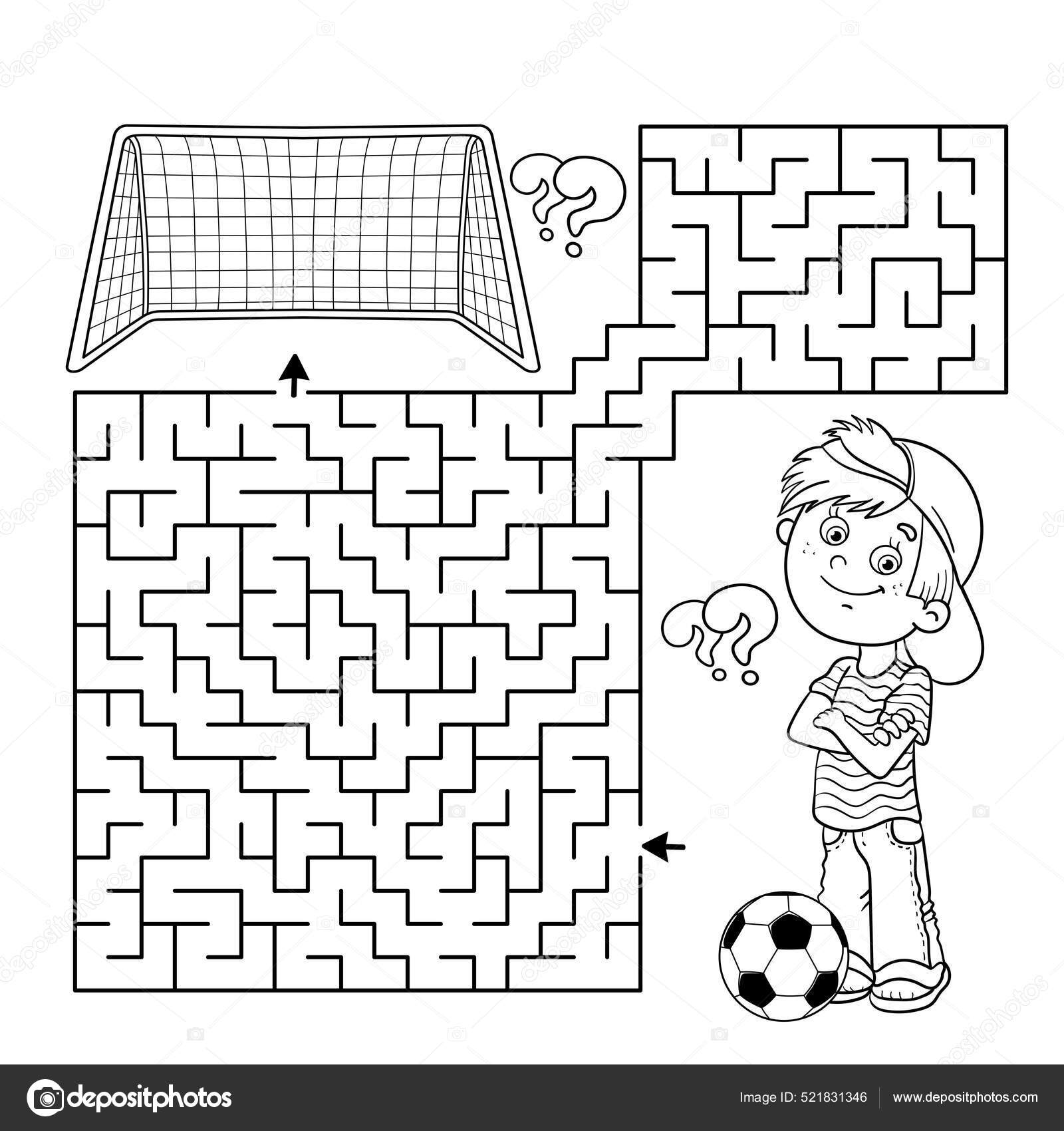 Maze labyrinth game puzzle coloring page outline cartoon boy soccer stock vector by oleon