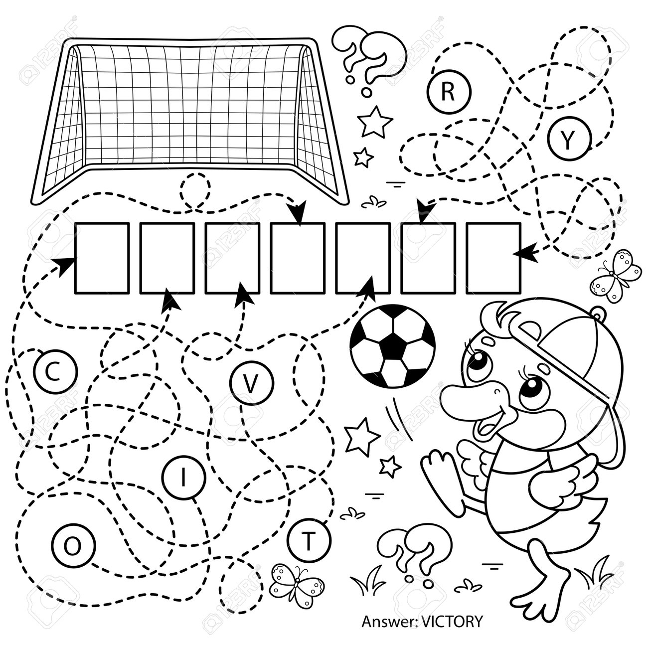 Maze or labyrinth game puzzle coloring page outline of cartoon duck or duckling with soccer ball football sport coloring book for kids royalty free svg cliparts vectors and stock illustration image