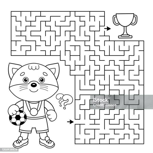 Maze or labyrinth game puzzle coloring page outline of cartoon cat with soccer ball football sport activity coloring book for kids stock illustration