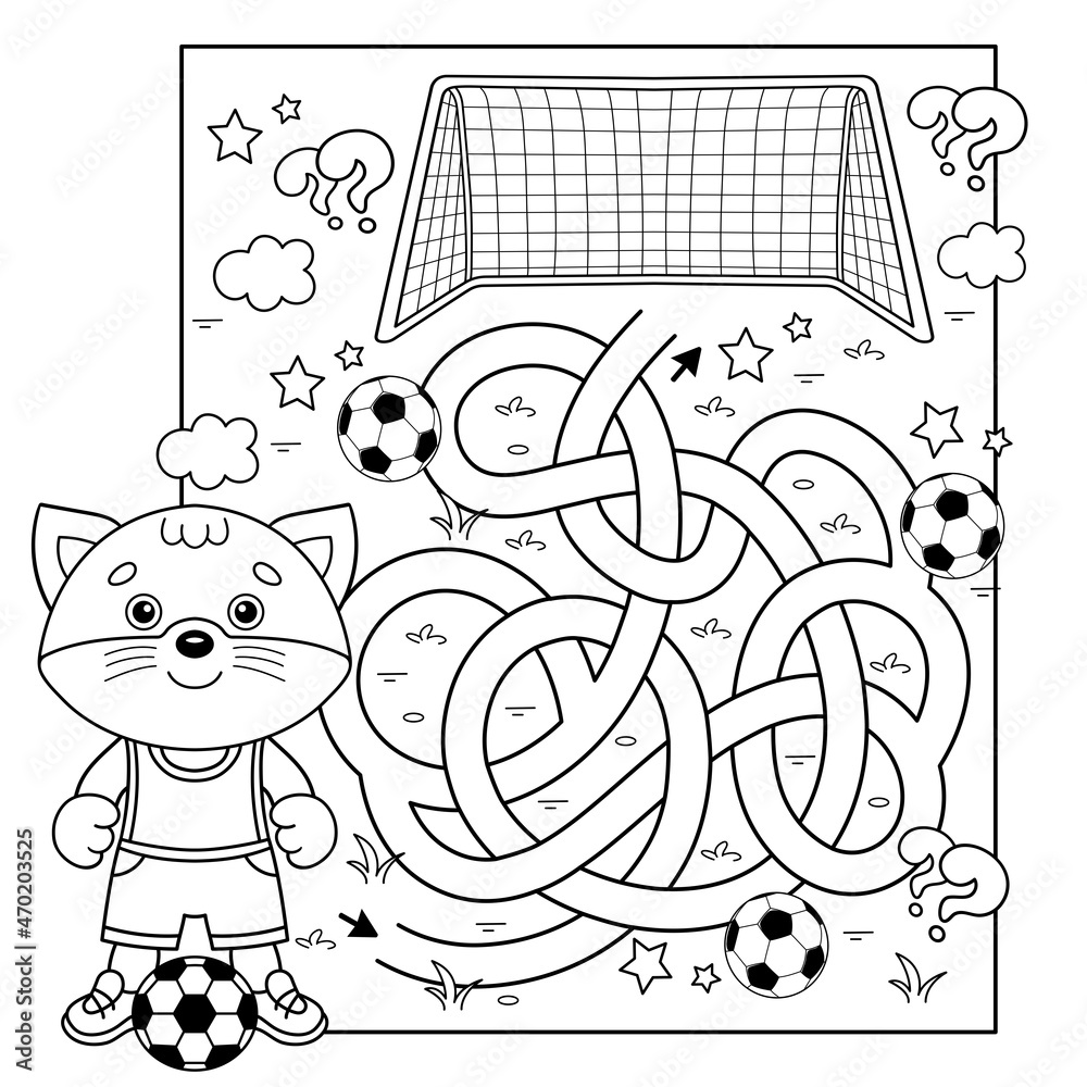 Maze or labyrinth game puzzle tangled road coloring page outline of cartoon cat with soccer ball football sport activity coloring book for kids vector