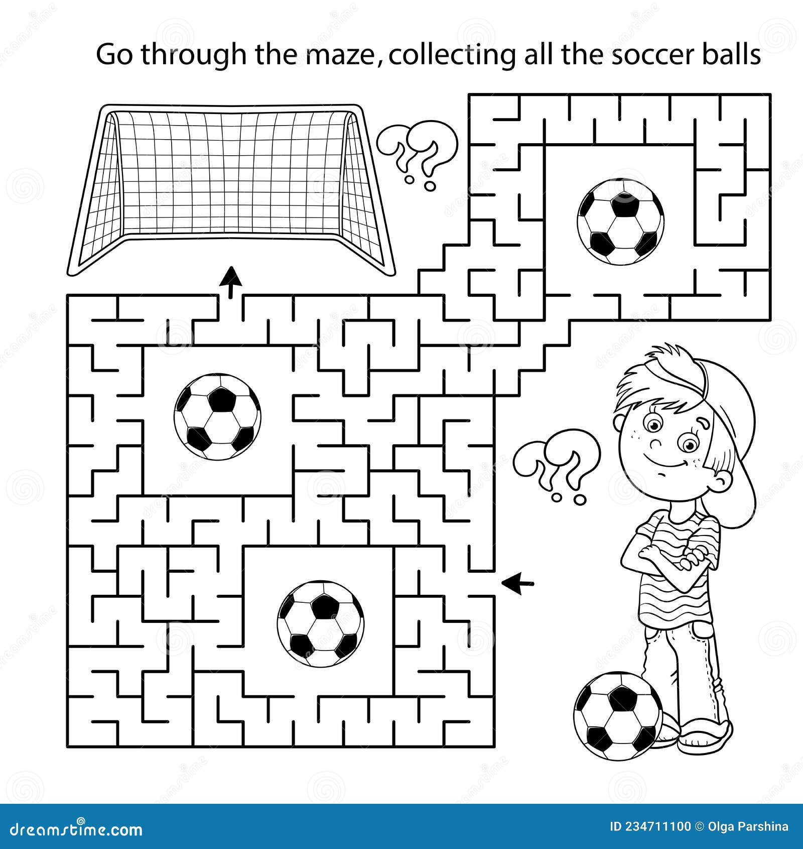 Maze or labyrinth game puzzle coloring page outline of cartoon boy with soccer ball football sport activity stock vector