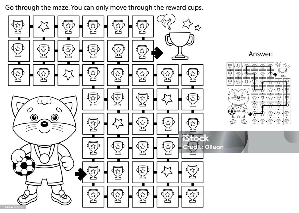 Maze or labyrinth game puzzle coloring page outline of cartoon cat with soccer ball football sport activity coloring book for kids stock illustration