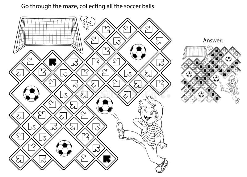 Maze or labyrinth game puzzle coloring page outline of cartoon boy with soccer ball football sport activity stock vector