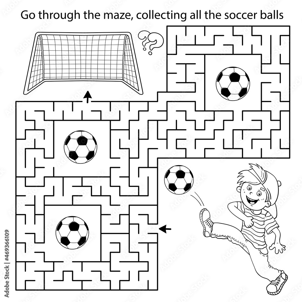 Maze or labyrinth game puzzle coloring page outline of cartoon boy with soccer ball football sport activity coloring book for kids vector